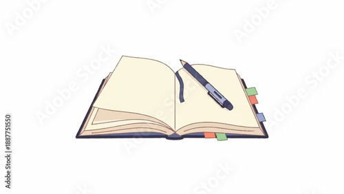 An open notebook with blank pages and a pen resting on it, featuring colorful index tabs.