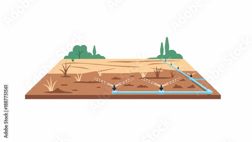 An illustration showing an efficient irrigation system with sprinklers watering dry, parched agricultural land, emphasizing water conservation.