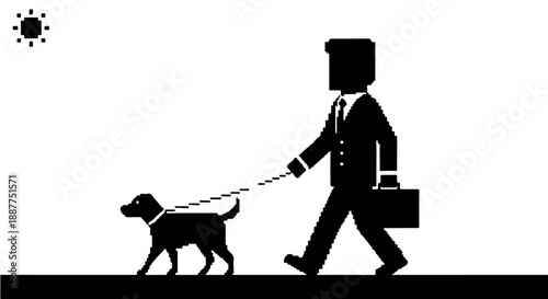 pixelated businessman walking dog on leash with briefcase under retro video game sun depicting daily routine and work-life balance