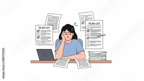 A stressed woman sits at her desk, overwhelmed by a multitude of floating and stacked to-do lists and paperwork, indicating a heavy workload and pressure.