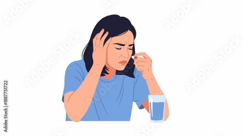 An illustrated woman suffering from a headache prepares to take a pill with a glass of water.