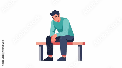 An illustrated man sits alone on a bench with his head bowed, expressing feelings of sadness, depression, and worry.