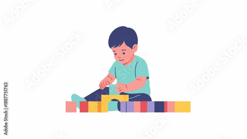 A young child sits on the floor, intently playing and building with colorful wooden blocks, creating a small structure.