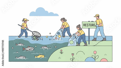 Volunteers actively cleaning a polluted lake and its shoreline, removing trash to restore the aquatic environment.