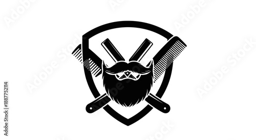 Strong barbershop emblem with a stylized beard, mustache, crossed straight razors, and combs within a shield, isolated white background.