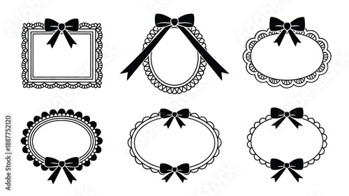 Lace bow wreath frames, black and white borders, vintage bridal invitation, romantic anniversary card, handmade wedding stationery elements vector
