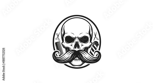 Vintage barber skull with a stylish mustache and classic straight razor, reflecting traditional barbershop culture, isolated white background.