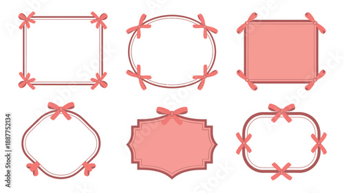 Coral bow frame collection, decorative square and circle badges, vintage border labels, engagement invitation, Valentines greeting, party stationery vector