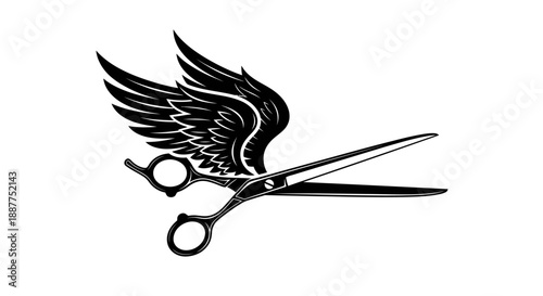 Elegant barber scissors with spread wings, symbolizing skill and speed in hairdressing, isolated white background.