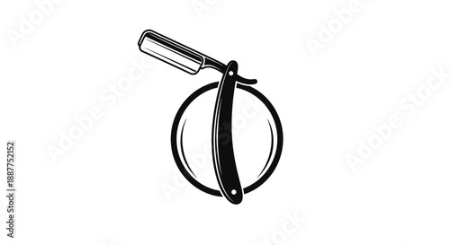 Classic black straight razor inside a circular shape, representing traditional shaving tools, isolated white background.