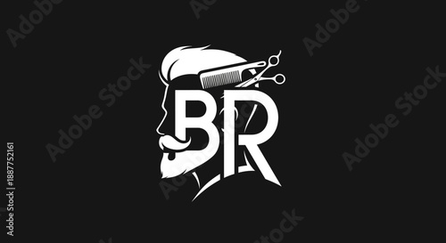 Modern barber shop logo with a man's profile, stylish hair, beard, 'BR' initials, and small scissors on a black background.