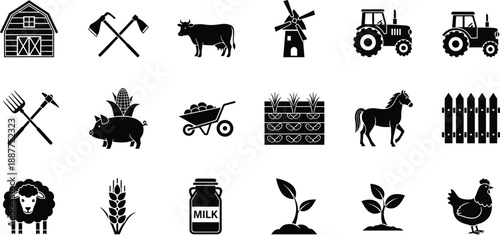 Farm agriculture icon set, rural farming symbols with animals tools tractors crops, black silhouette vector illustration isolated on white background