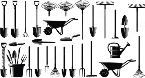 Garden tools silhouette collection illustration, farming and gardening equipment set, shovel rake wheelbarrow watering can isolated white background