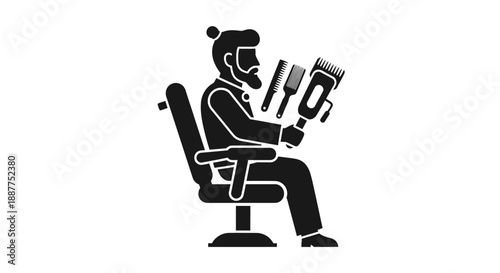 Silhouette of a Man Sitting in a Barber Chair Holding Clippers and Comb on Isolated White Background