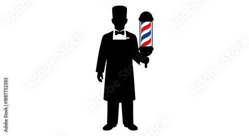 Silhouette of a Professional Barber Holding a Classic Barber Pole on Isolated White Background