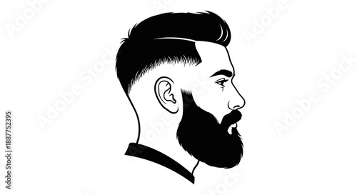 Profile Silhouette of a Man with Modern Haircut and Full Beard on Isolated White Background