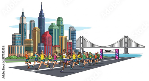 City Marathon Runners Race Through Urban Landscape with Bridge.