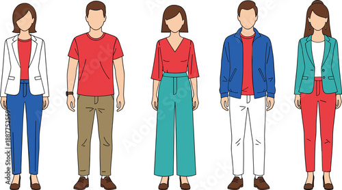 Flat vector people illustration, male and female characters standing, casual fashion outfits, modern minimal style isolated on white background design