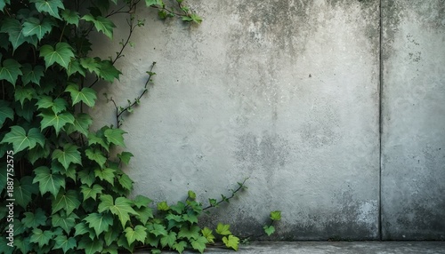 Green ivy plant grows on a rough textured concrete wall. The vine with large leaves covers part of the gray surface, creating a natural contrast.