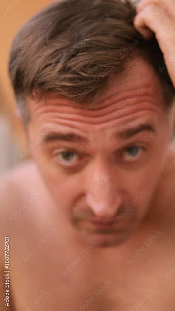 Obraz premium Vertical photo Man checks hair, Morning grooming inspection underway, Man examines hairline with cautious expression, Closeup of man inspecting hairline with concern during morning routine in bathroom