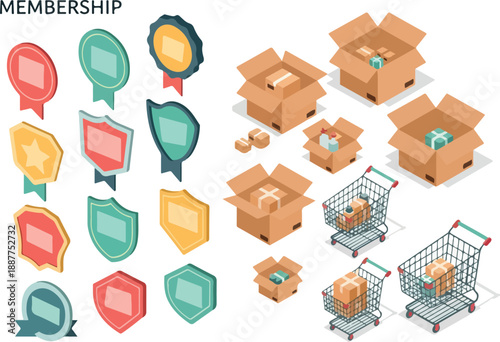 Membership & Packaging Isometric Badge Icons & Box Cart Vectors
