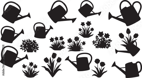 Black Silhouettes of Watering Cans and Various Flowers Arrangement