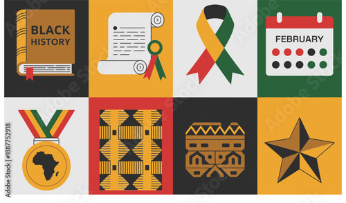 Black history month graphics, ribbon awareness, calendar page, heritage medal, kente patterns, star emblem, education poster tiles, celebration event branding
