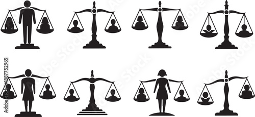 Silhouettes of people holding scales of justice in balance