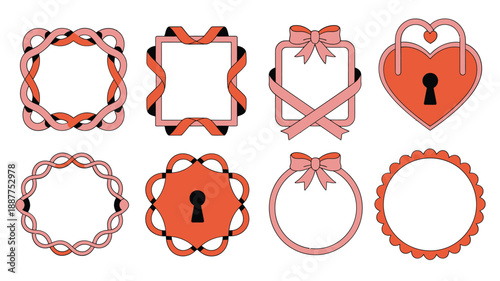 Romantic label frames set, braided rope borders, scallop picture frames, hanging heart lock icons, anniversary stationery, wedding photo album vector
