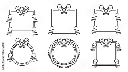 Black and white ribbon frame set, square and round labels with bows, laurel wreath borders, wedding invitation, baby shower