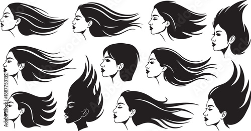 Black and white illustrations of women's hairstyles and faces