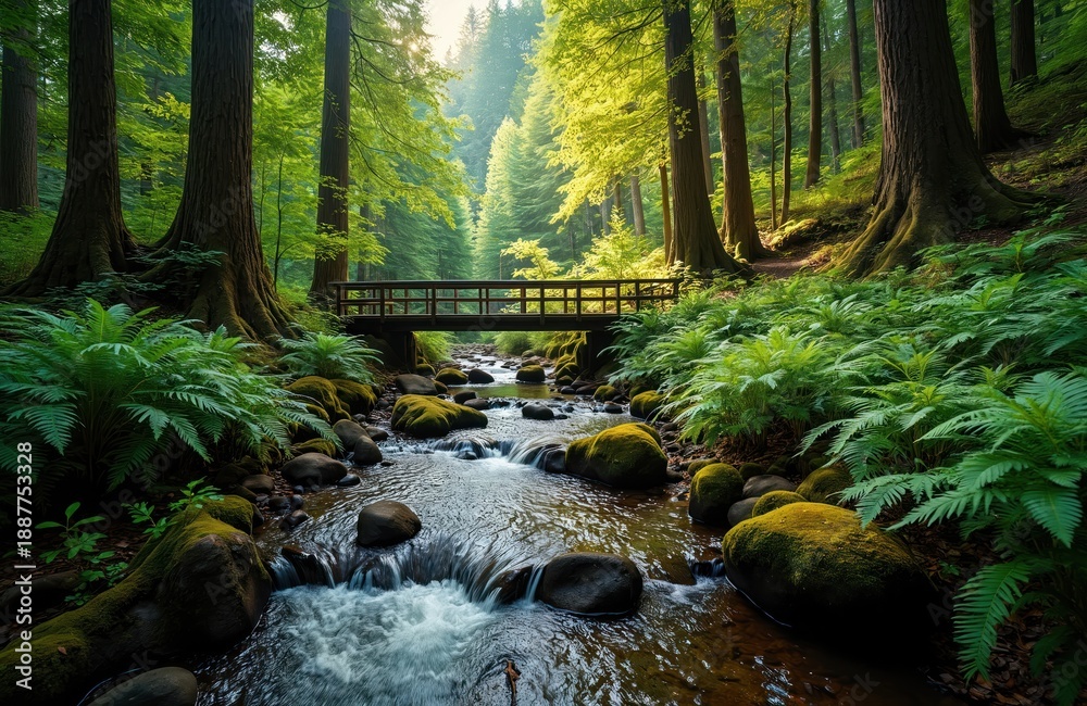 Fototapeta premium Green forest with clear stream flowing over mossy rocks. Wooden bridge crosses waterway in rich ferns and tall trees. Sunlight filters through canopy.