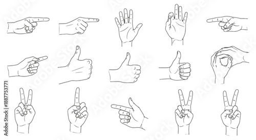 Collection of Hand Gestures and Signs in Simple Line Art.