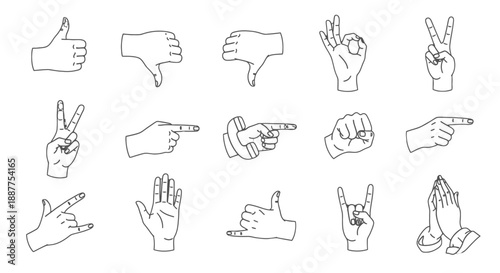 Hand Gestures and Signs in Simple Line Art.