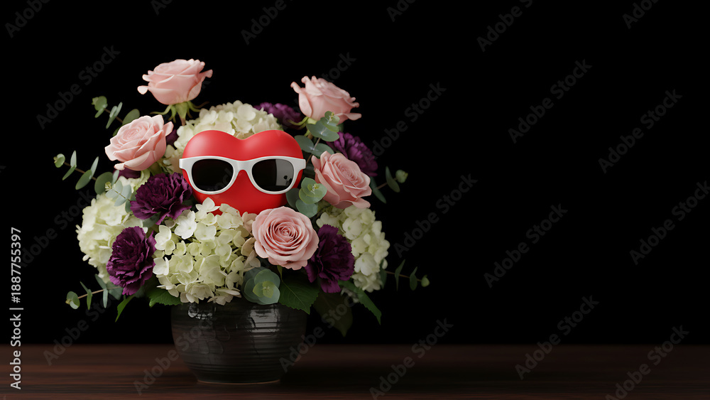 Fototapeta premium A Heart Shaped Object Wearing Sunglasses Nestled Inside A Flower Arrangement