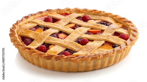 Traditional Thanksgiving fruit lattice pie with golden crust, isolated on white with copy space for holiday bakery promotions.