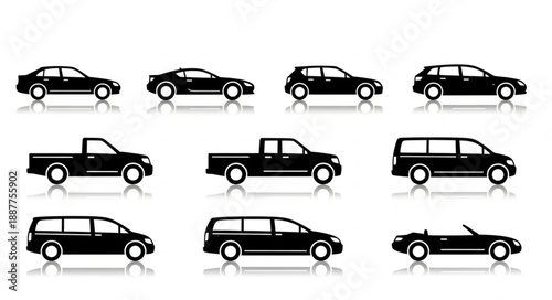 Collection of Black Car Silhouettes Isolated on White Background.