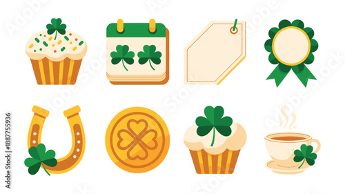 St Patricks Day labels and tags set, shamrock cupcakes, hanging gift tags, lucky horseshoe coin, steaming tea cup, invitation frames