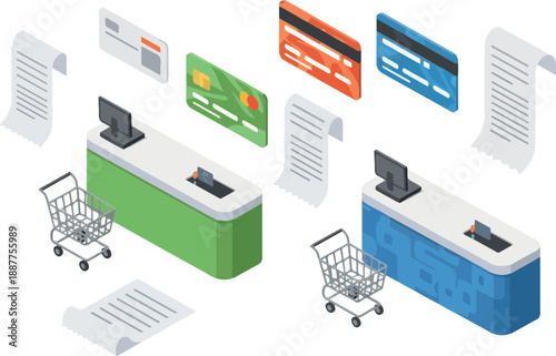 Isometric Cashier Counters and Shopping Carts for Seamless Transactions