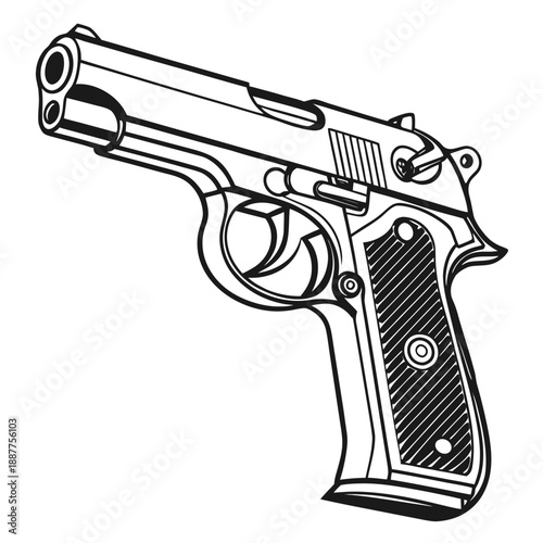 Modern Handgun Line Art Illustration, Minimalist Style