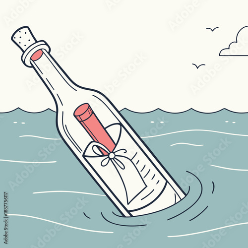 Floating Message in a Bottle Minimalist Vector Illustration