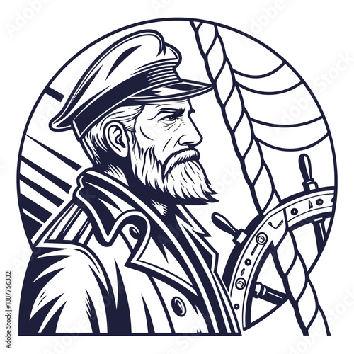Old Sea Captain Portrait Vintage Engraving Illustration