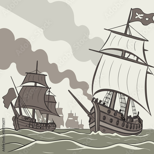 Intense Pirate Battle at Sea - Ships Firing Cannons