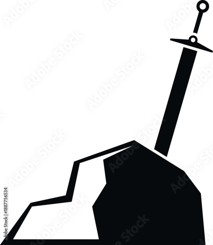 Sword stuck in a rock representing legend, power, and destiny