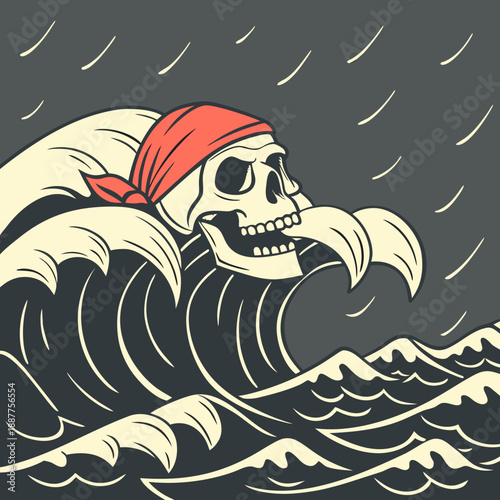 Pirate Skull Emerging from Waves - Dark Illustration
