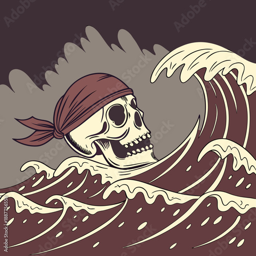 Dramatic Pirate Skull Emerging from Waves Illustration