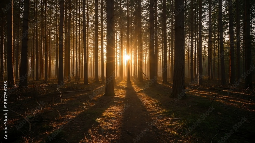 Obraz premium Sunlight filtering through forest trees landscape.