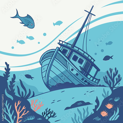 Stylized Underwater Shipwreck Scene with Coral and Fish Illustration
