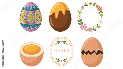 Easter icon collection with painted eggs, chocolate egg, wreath ring, egg cup, spring label badge, cute holiday illustrations vector