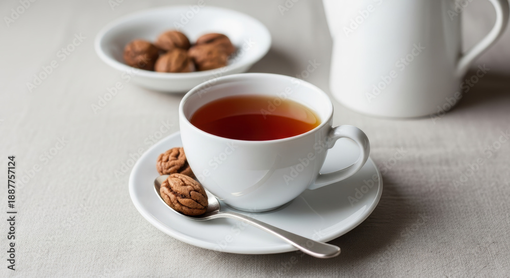 Fototapeta premium White Ceramic Cup with Tea and Cookies on a Saucer